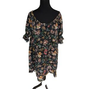 Natural Life Boho Midi Dress Dark Floral Cottagecore Dress M Raw Hem Cotton